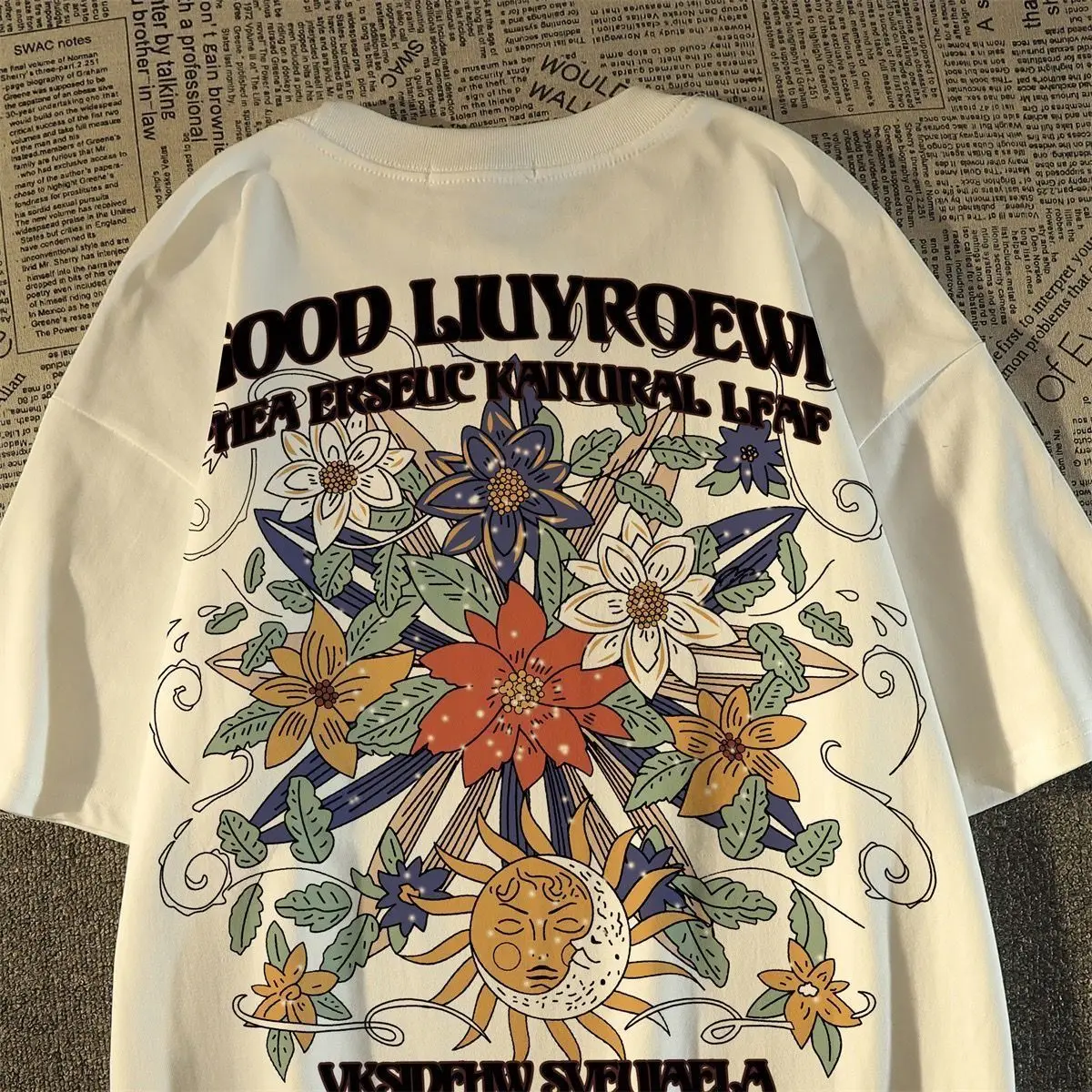 Pure cotton American retro flower print short-sleeved T-shirt men's summer loose trendy brand oversize top half-sleeved y2k tops