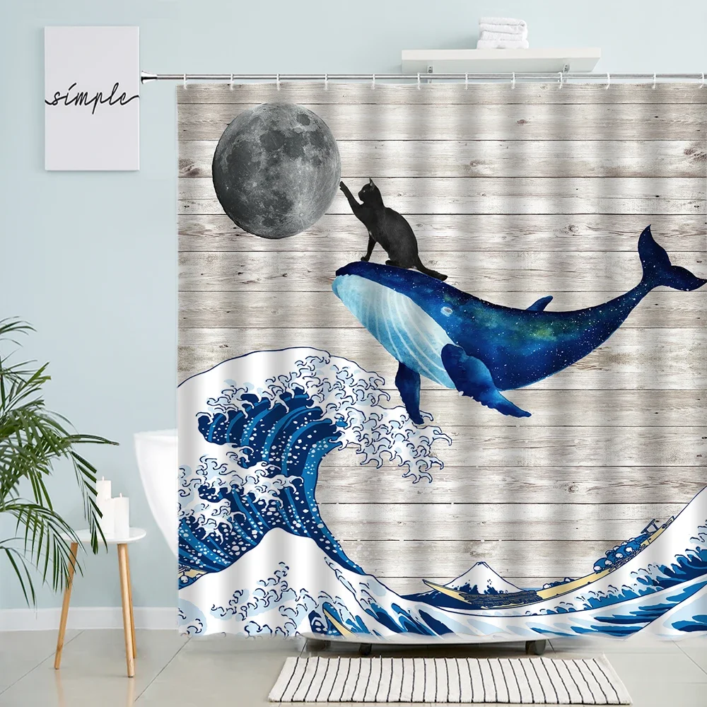 

3D Funny Cat Whale Shower Curtains Black Moon Blue Sea Wave Retro Wooden Board Decor Creative Fabric Bathroom Curtain with Hooks