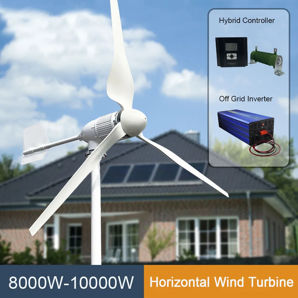 Generatore Di Turbine Eoliche Casa 10Kw 8Kw 3 Pale 24V 48V 96V Energia Libera Con Controller Di Caricabatterie Ibrido Inverter Off Grid