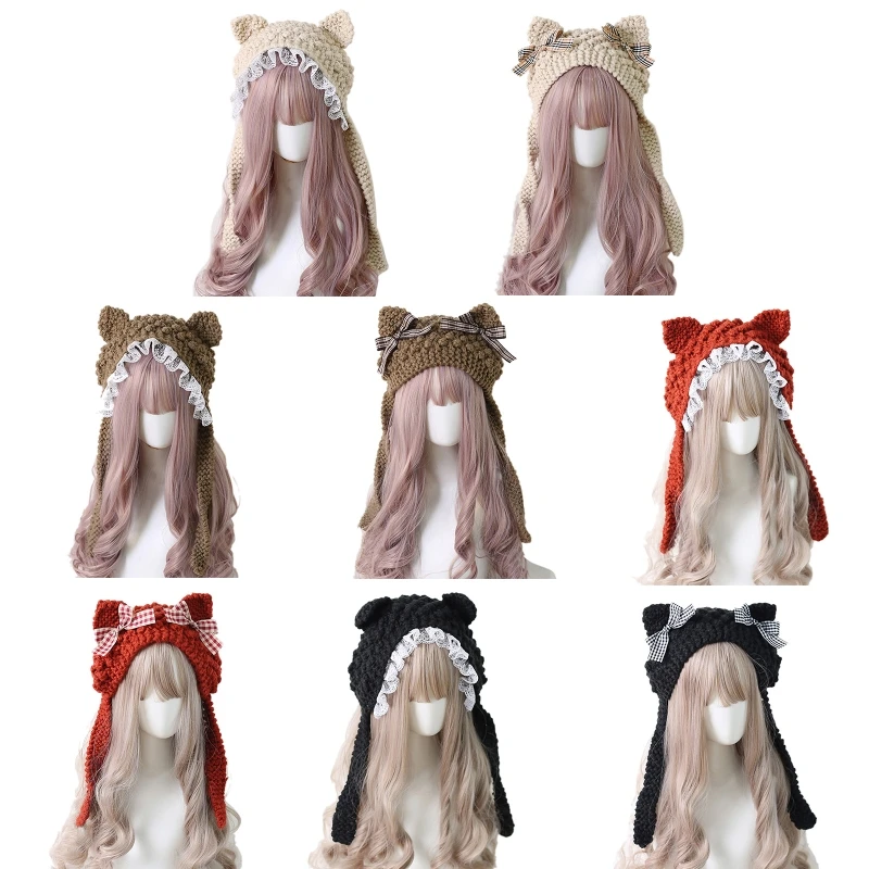 

Crochet Beanie Cartoon Knitted for Cat Ear Hat Winter Earflap Photo Props Drop shipping