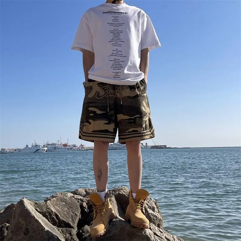Camouflage Letter Embroidered Street Shorts Summer Loose  Drawstring Y2K Shorts Fashion Casual Sports Shorts Women Men