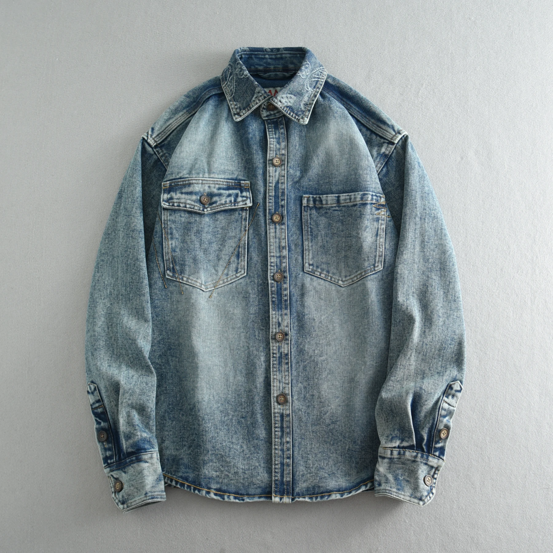 Tooling nostalgic snowflake wash denim shirt for men Autumn men retro long-sleeved shirt jacket