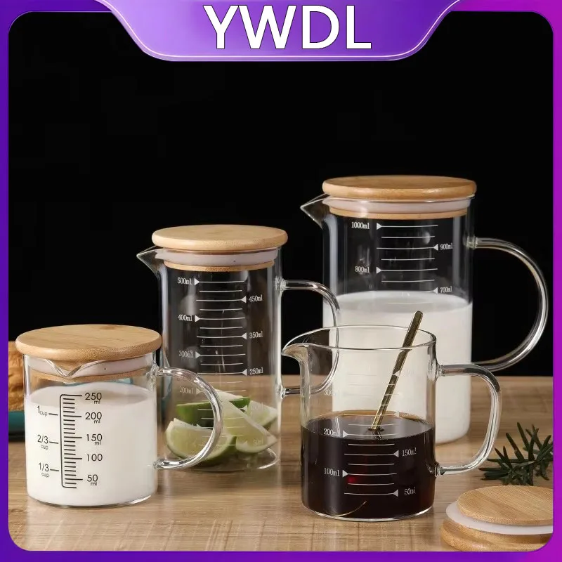 Food Grade Glass Measuring Cups YWDL 250-1000ml Kettle Kitchen Milk Tea Lid and Handle Laboratory Beaker Measuring Mug