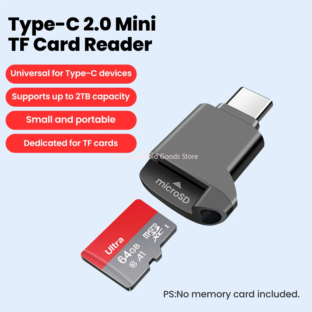 타입-C 2.0 미니 TF 카드 리더 외장 스토리지 블랙 스트레치 메모리 스틱용 USB C 2.0 아이폰 17 16 미니 TF 카드 리더