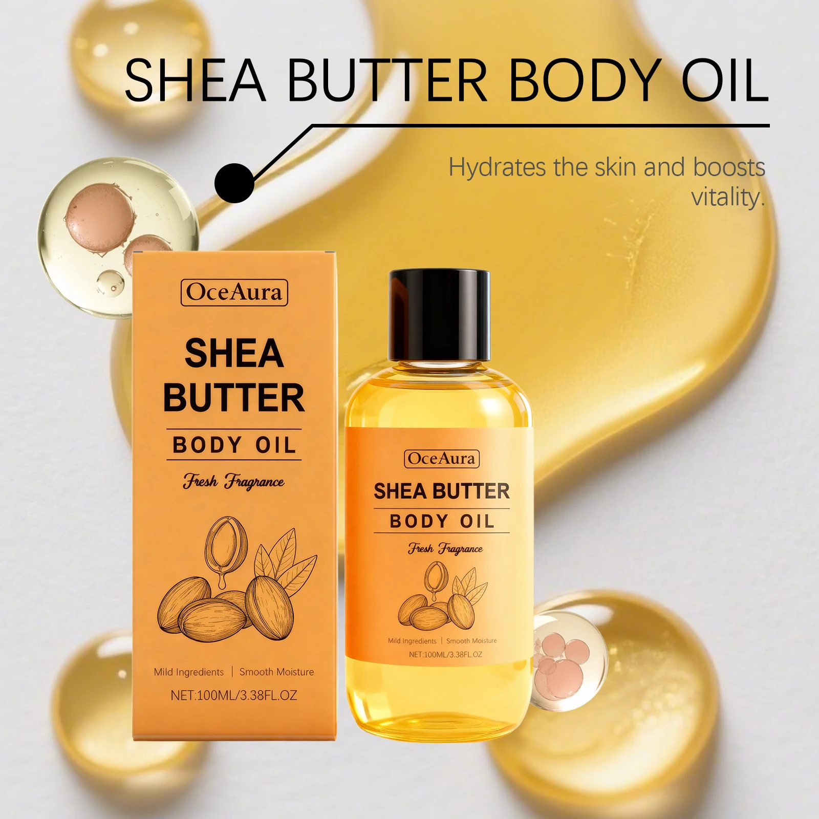 100% Natural Shea Butter Massage Oil Intense Moisture for Dry Skin Lightweight & Fast Absorbing All Skin Types Stretch Mark Care