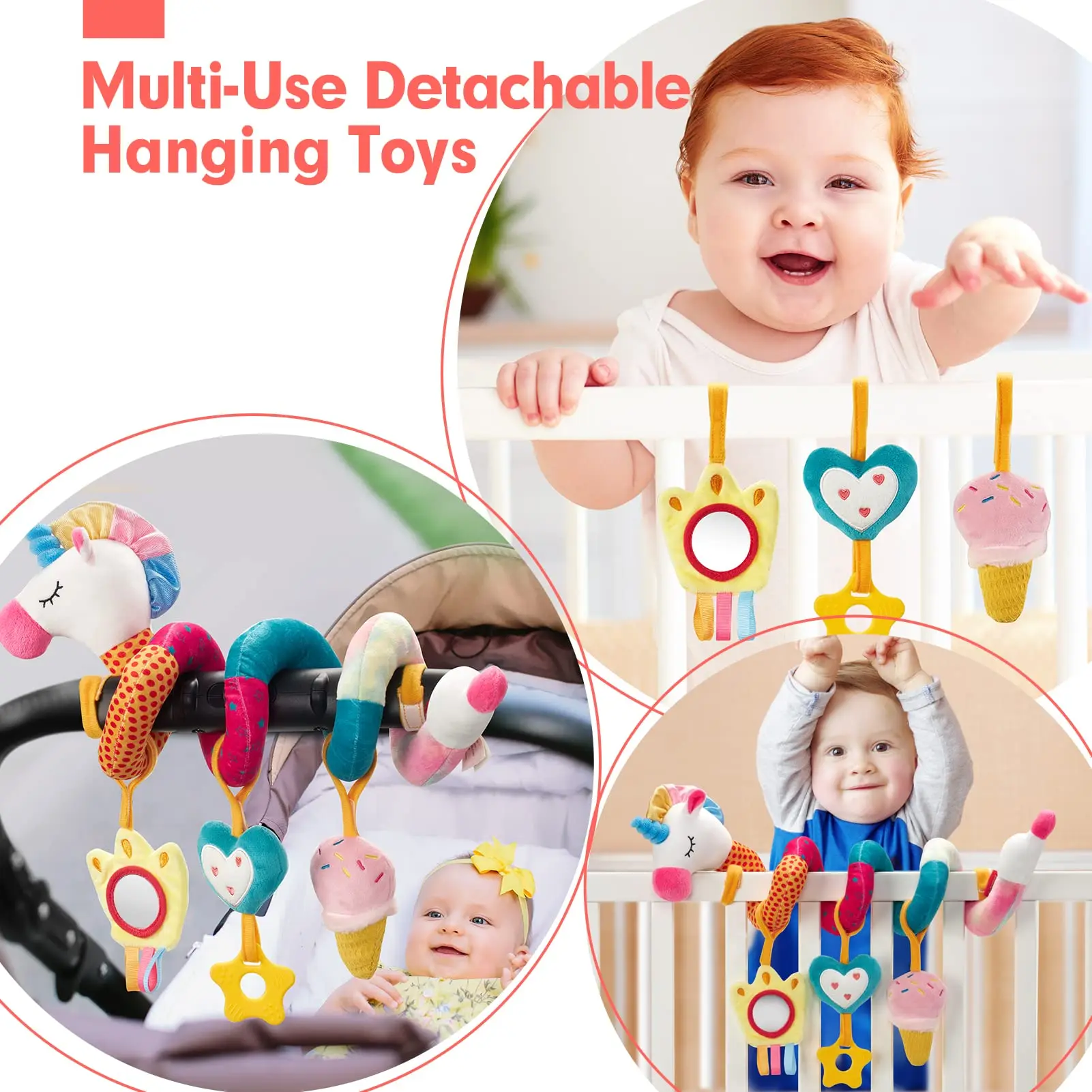 Car Seat Toys for Babies Rattle Mirror Crinkle Squeaky Carseat Stroller Toys 0-6 Months Developmental Newborn Baby Girl Gifts 5
