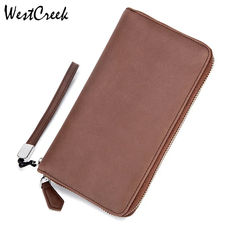 

WESTCREEK Brand Leather RFID Men Long Zipper Wallets Card Holder Women Wrist Strap Clutch Passport Purse by 24 Card Slots