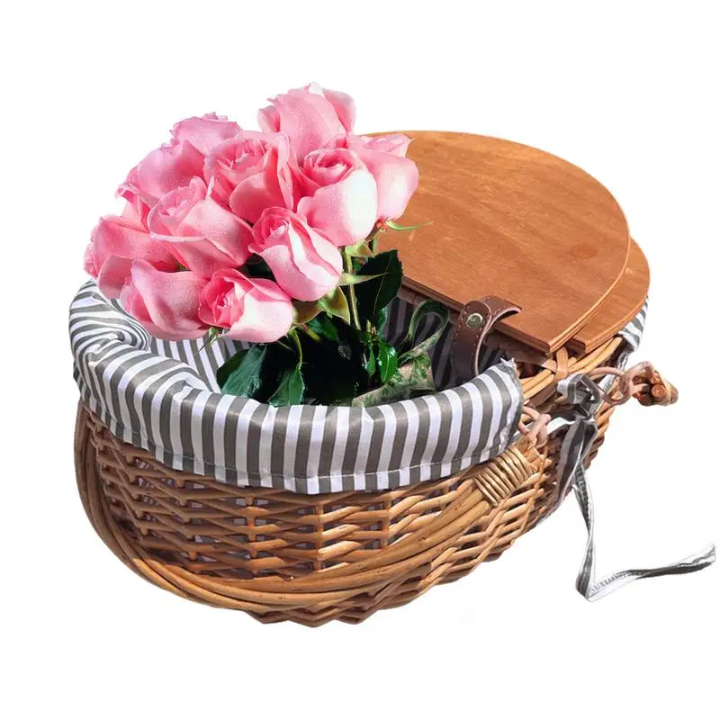 

Wicker Picnic Basket With Liner Picnic Basket Natural Woven Woodchip With Double Folding Handles Easter Basket Swing Handles For