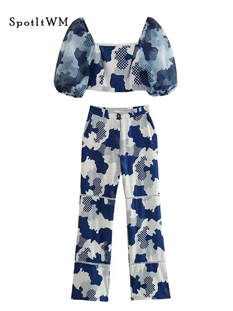 

Women Printed Short Top 2 Pieces Set Fashion Slash Neck Bubble Sleeve High Waist Pants Suits Summer Female Loose Trousers Outfit