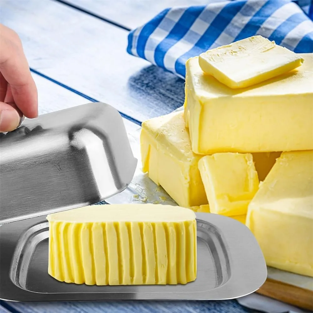 7 inch Butter Dish Solid Stainless Steel Butter Dish Cheese Container Cheese Storage Box Serving Tray Easy Grip Lid butter dish
