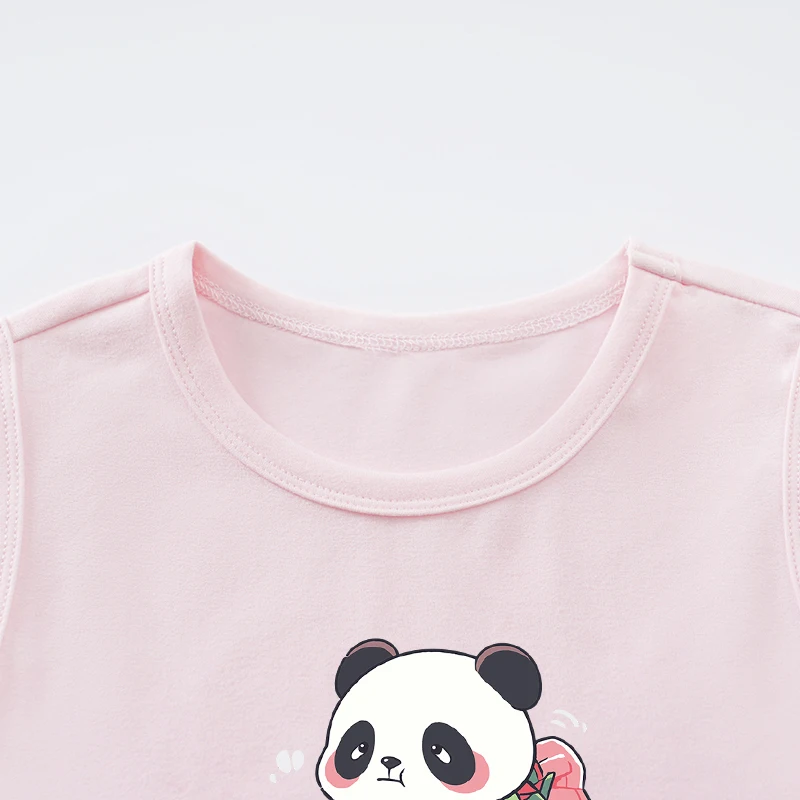 Summer Sleeveless Boys And Girls Cartoon Panda Comfortable Round Neck Baby Pink T-Shirt Children's Wear