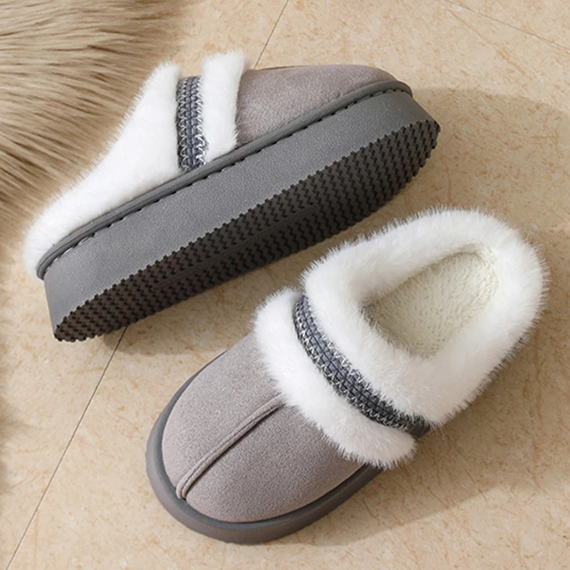 Korean Patchwork Fluffy Slippers for Women Soft Thick Bottom Fur Slippers Woman Winter Indoor Faux Suede Non Slip Home Slides