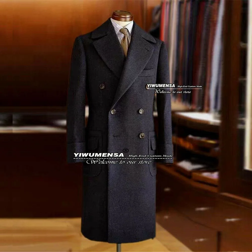 Classic Woolen Suit JacketsBlack/Navy Tweed Blend Trench Coat Long Design Last Double Breasted Overcoat Wedding Groom Tuxedo