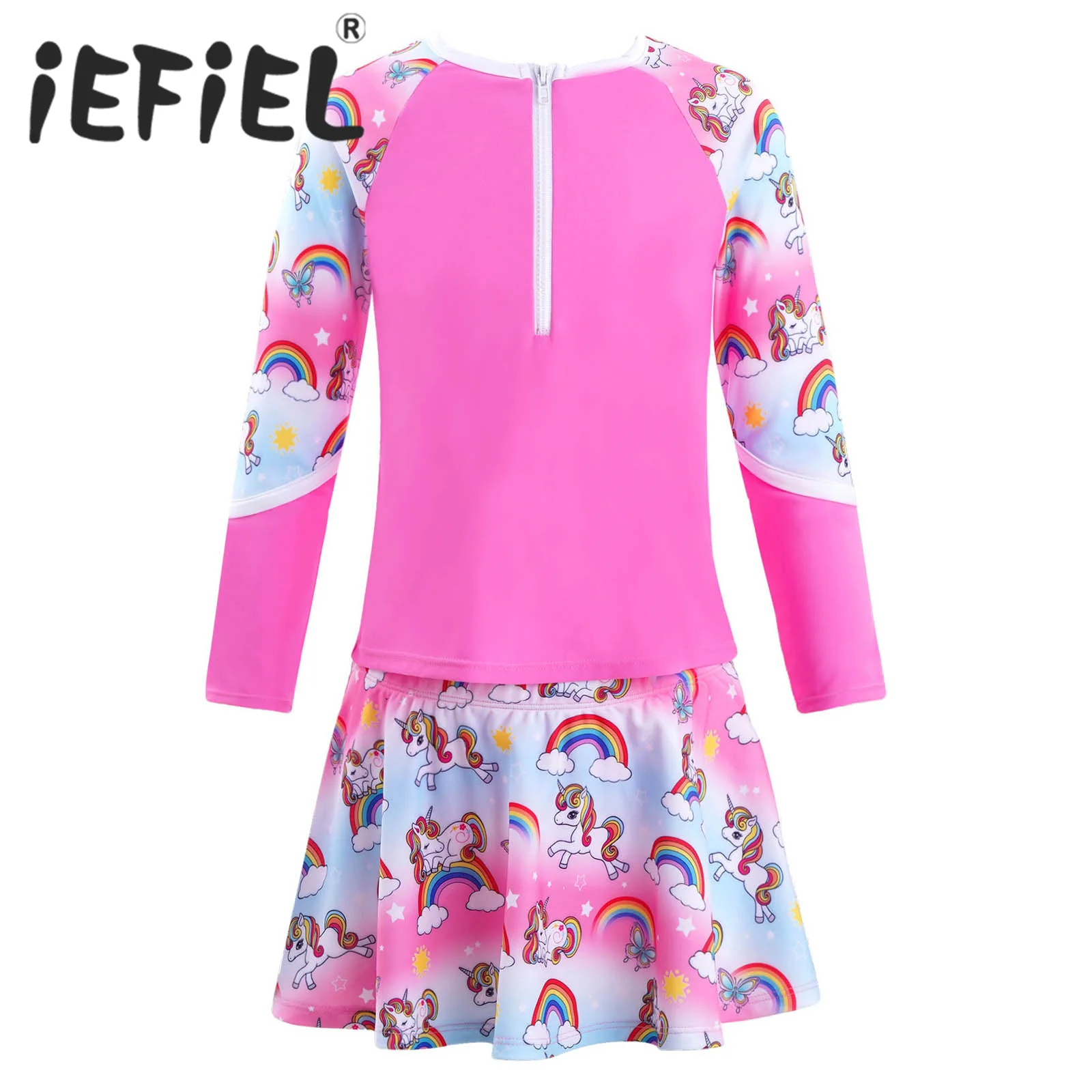 

Kids Girls Swimsuits Beach Swimwear Long Sleeves Front Zipper Cartoon Print Tops and Skirt with Underwear Set Swimming Suit