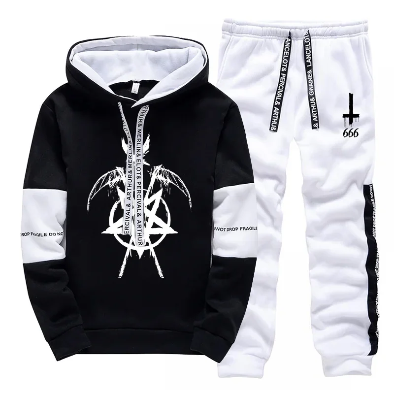 بلوزات رجالية Sweatpants عالية الجودة الشيطان 666 رمز طباعة هوديي 2 قطعة مجموعة الخريف الشتاء اليومية عادية رياضي بدلة عدو