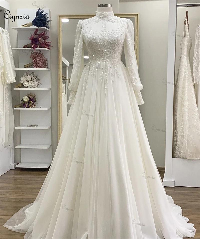 Ciynsia Elegant Lace Beaded Ivory Wedding Dresses Long Sleeves A-Line Tulle Bridal Gown Sweep Train Muslim Robe De Mariee 2024