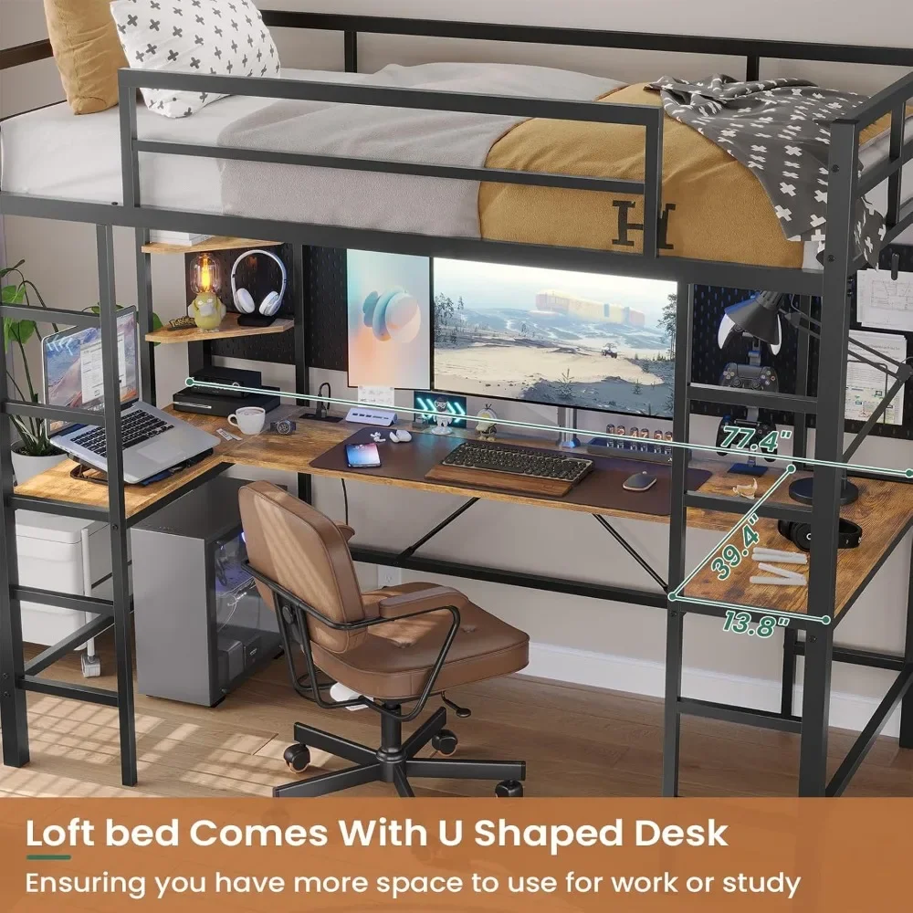 Loft Bed with U Shaped Desk and Led Lights with Charging Station and Storage Shelves Safety Guard Twin LED Loft Metal Bed Frame 4