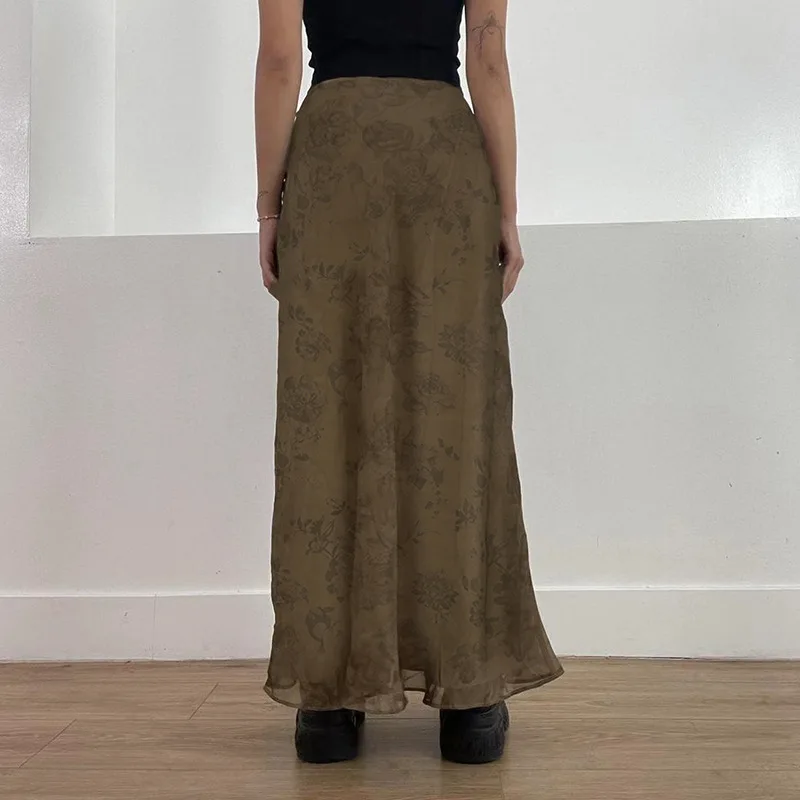 Falda larga Y2K para mujer, ropa vintage, estampado floral, cintura alta, faldas de malla, faldas grunge de los años 2000, ropa de fiesta, ropa de calle