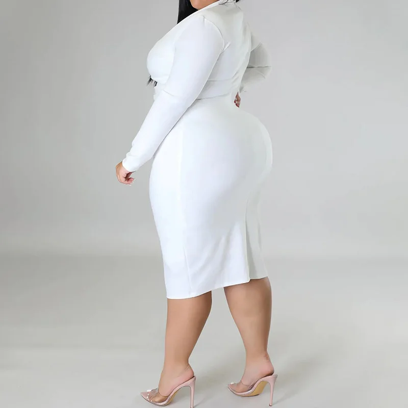2022 Autumn New Sexy Deep V Neck Solid Color Long Sleeve Slim Zipper Bag Hip Midi Dress Fashion Plus Size Women's Clothing