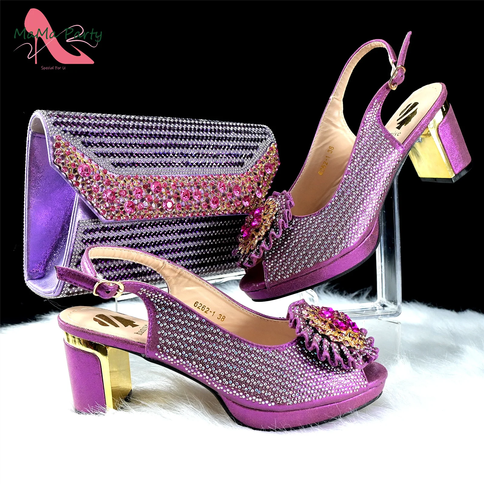 Purple Color New Design Nigerian Women Shoes and Hand Bag Set with Shinning Crystal High Quality Comfortable Heels for Dress