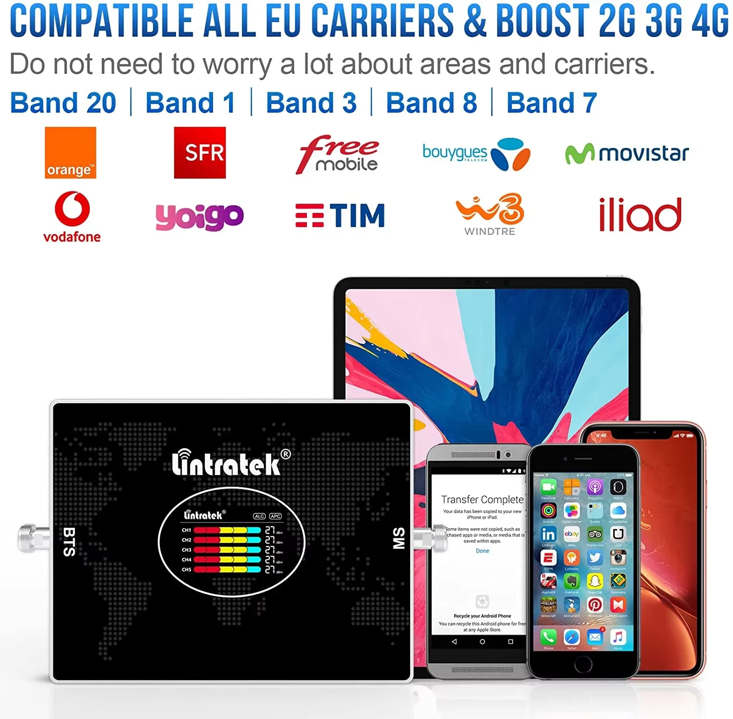 린트라텍 5밴드 셀룰러 신호 증폭기 B20 B28 B3 B8 B1 B7 안테나 없이 3G 4G 5G 휴대폰 신호 증폭기