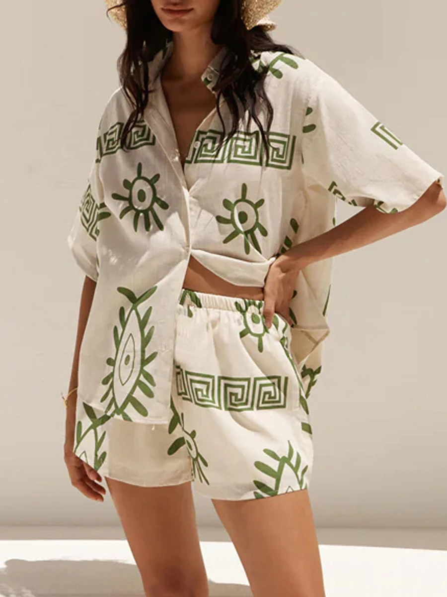 Casual Vacation Geometric Print Bandage Short Sleeve Two Pieces