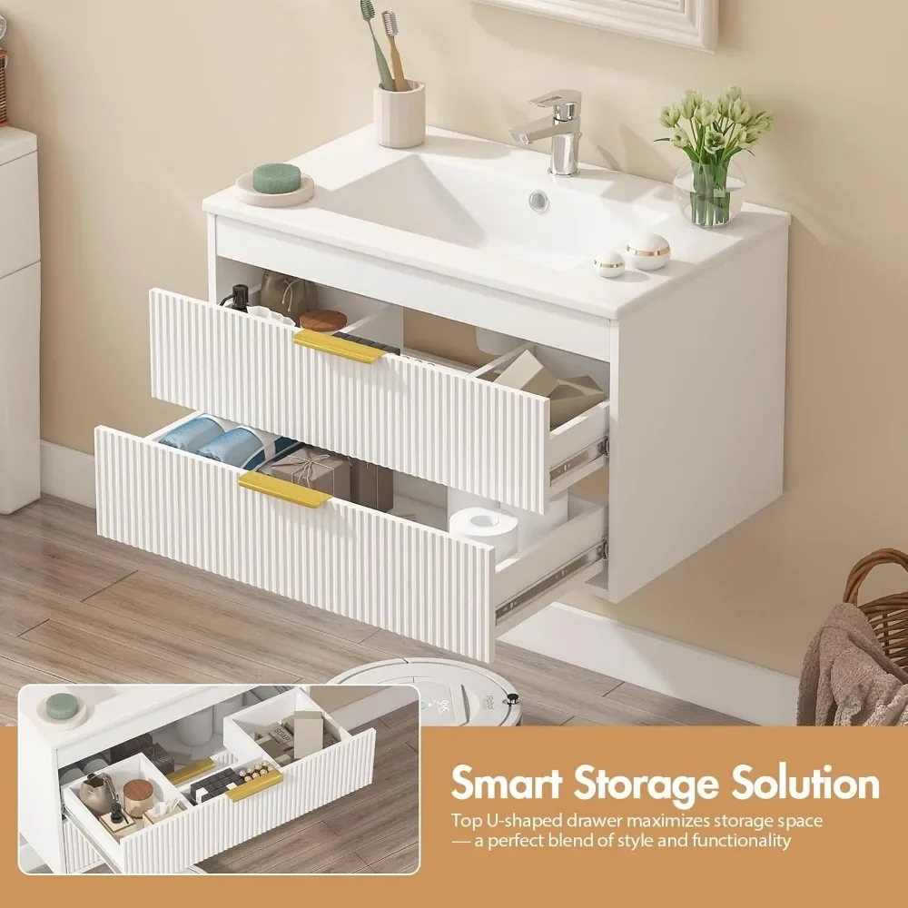 30" Bathroom Vanity Cabinet with Ceramic Sink, Wall-Mounted Floating Vanity, 2 Large Storage Drawers, with Sensor LED Light 3