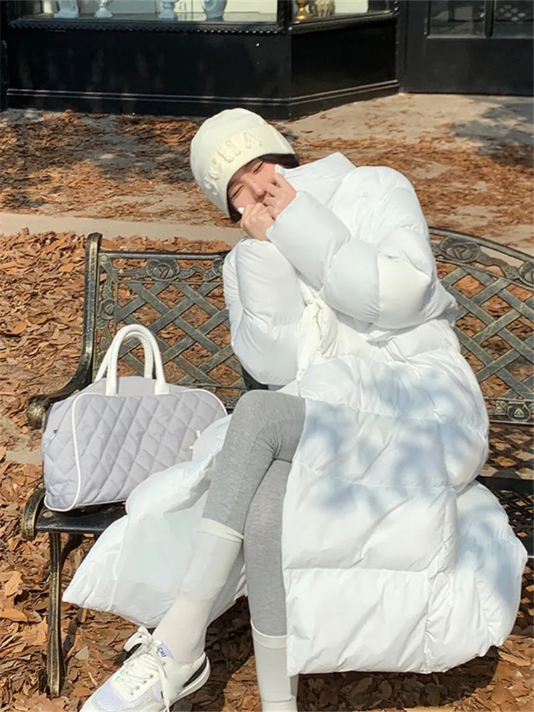 Solid Black White Stand Collar Down Jacket For Women's Winter 2022 New Knee Length Thickened Cotton Padded Coat