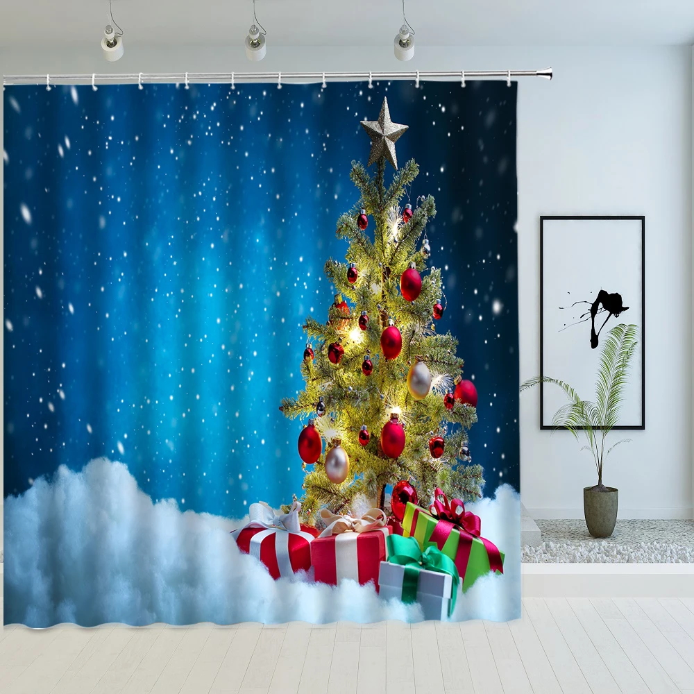 

White Star Snowman Christmas Tree Shower Curtain Branches with Colorful Ribbons Baubles Xmas Fabric Bath Curtains Bathroom Decor