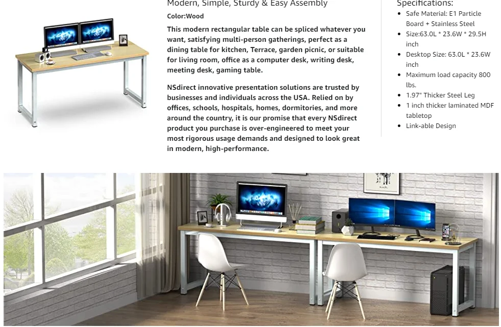 NSdirect 63 inch Computer Desk,Modern Simple Style PC Table Office Desk  Wide Workstation for Study Writing,Gaming and Home Office,Extra 1 Thicker