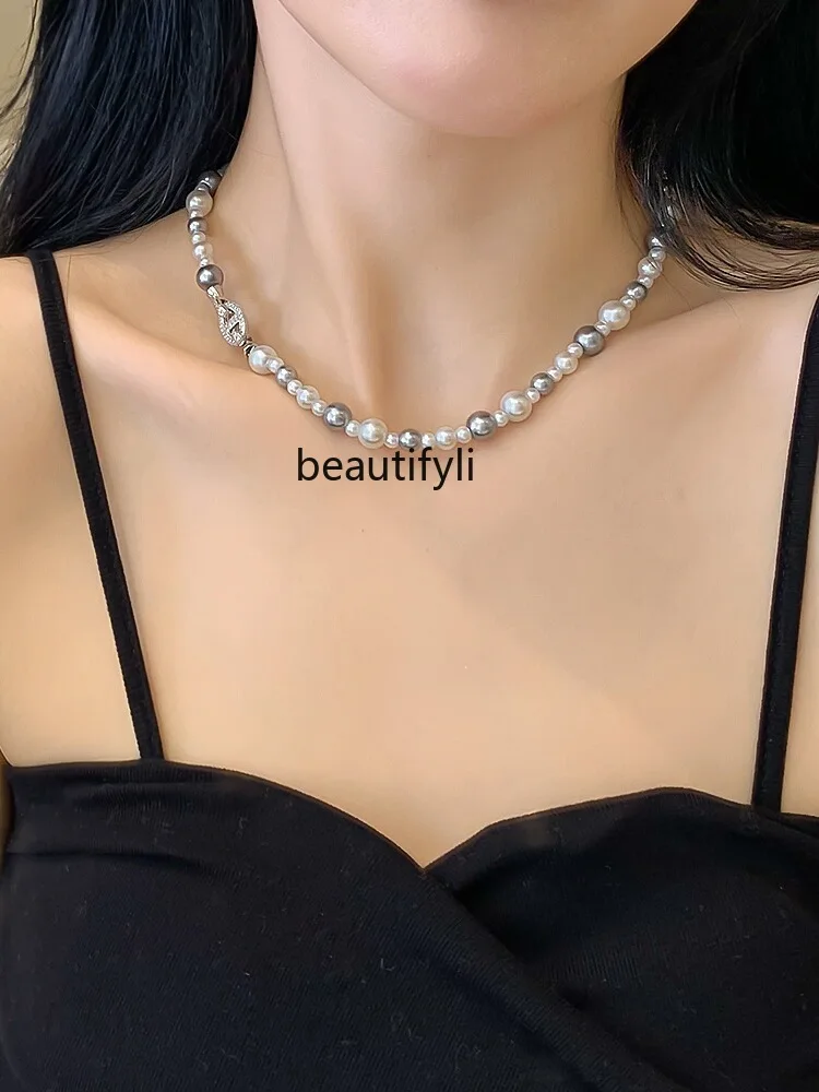 French Style Temperament Really Many Heather Gray White Pearl Necklace Women's High-Grade Light Luxury Clavicle Necklace