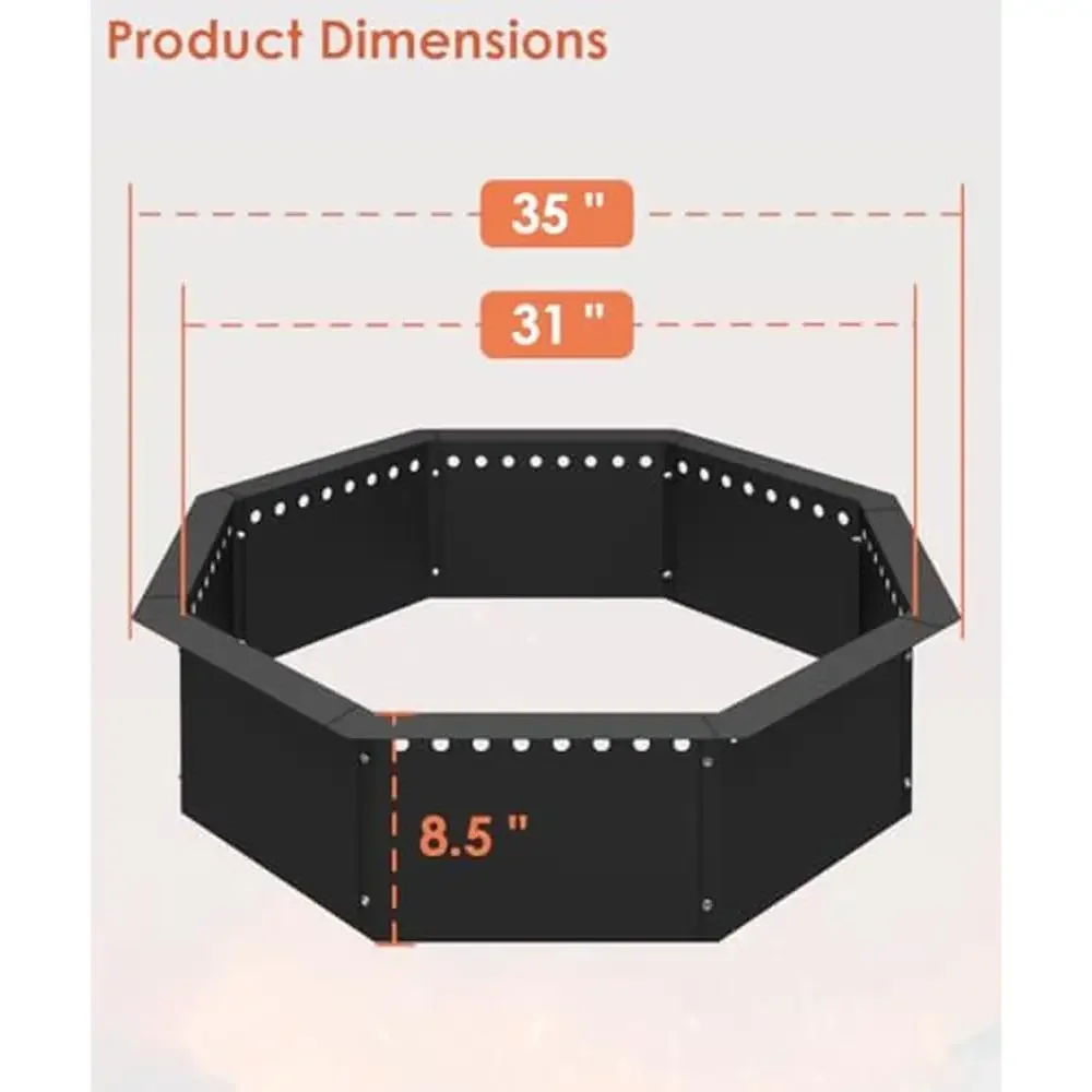 Ventilated Octagonal Fire Pit Ring 35" Solid Steel Liner DIY Firepit Outdoor Camping BBQ Party Year-Round Warmth Ambiance Easy