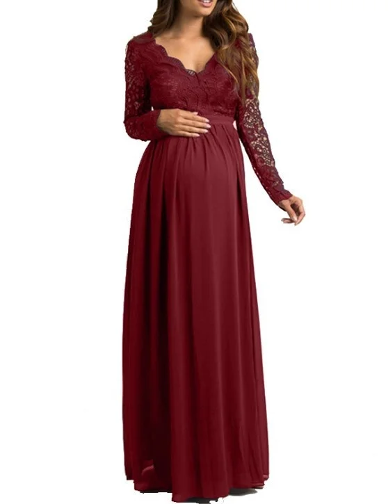 

Summer goddess temperament fashion sexy lace stitching V-neck chiffon mopping design long maternity dress