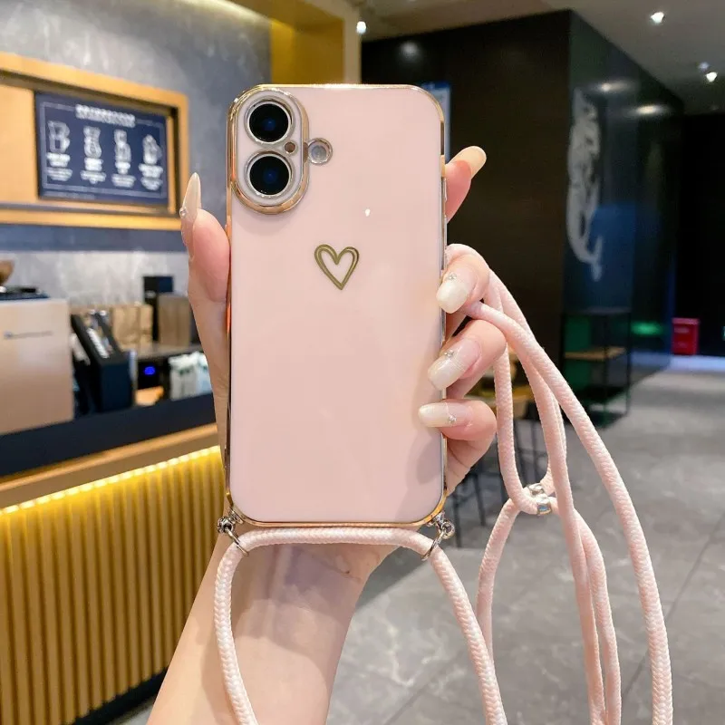 Elegant Crossbody Lanyard Case with Plating Love Design - Shockproof Camera Protection Cover