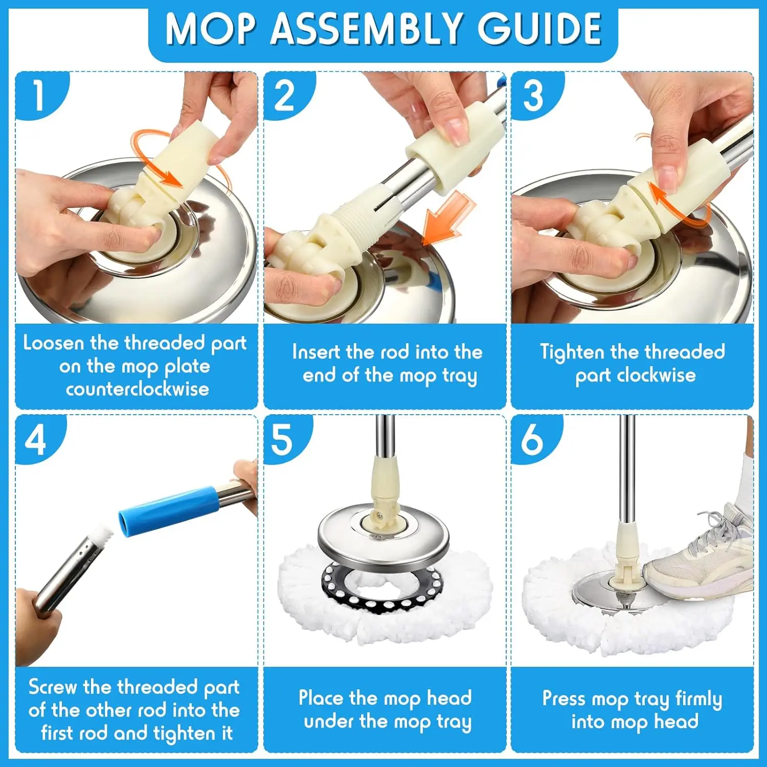 Spin Mop Handle Replacement - 360° Rotating with No Pedal
