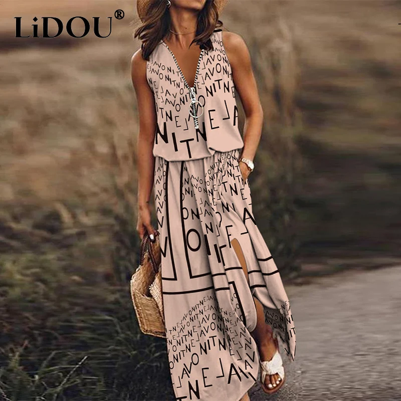 

Summer New Fashion Vintage Letter Print Waist Dress Female Zipper V-neck Sleeveless Slit Casual Holiday A-line Robe 5XL Vestidos
