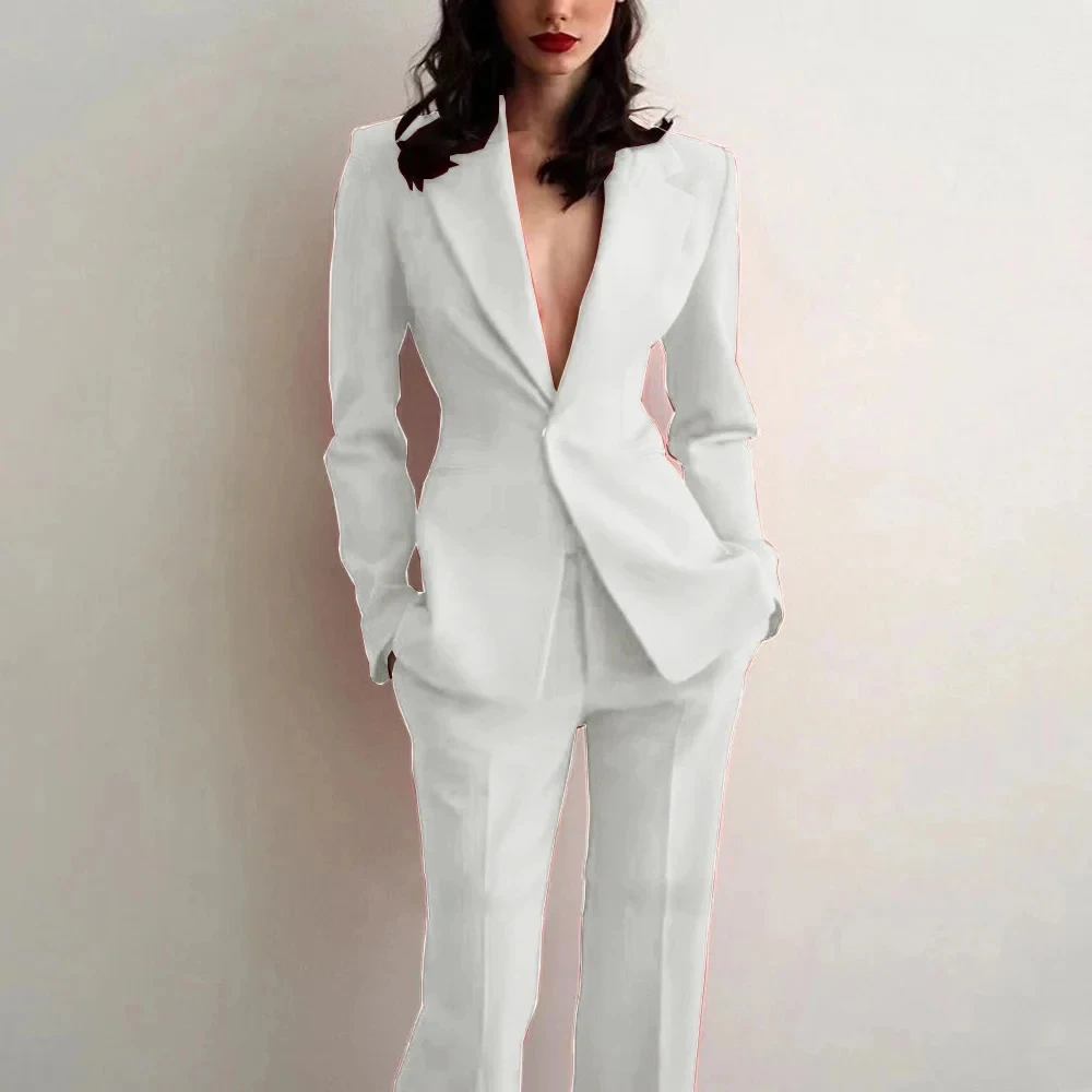 Fashion Notch Lapel One Button Women Suits Two Piece Formal Wedding Party Tuxedo Elegant Daily Casual Office Slim Pants Sets 4