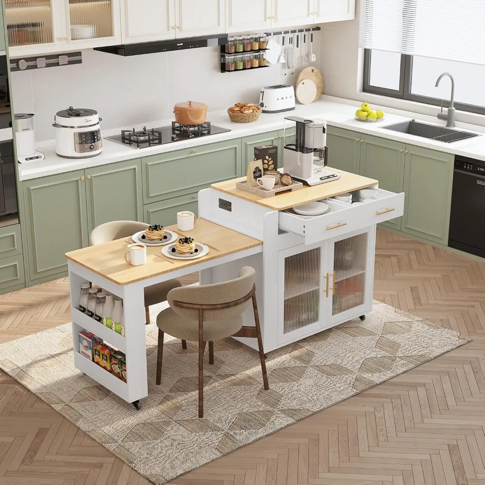 Kitchen Island with Extendable Dining Table,Grain Top Kitchen Island with Power Outlet, Rolling Kitchen Island Cart on Wheels 3