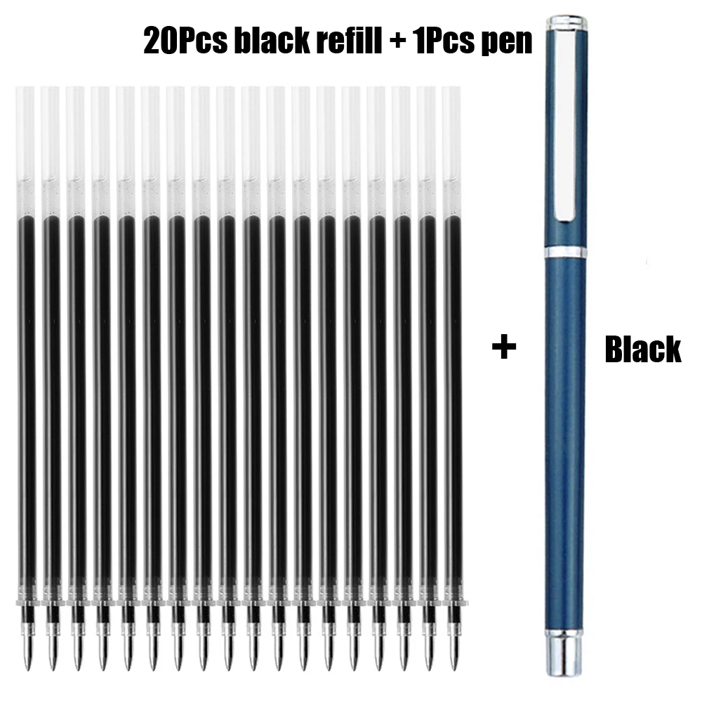 1+20Pcs Metal Gel Ink Sign Pen Rotating 0.5MM Black Switzerland Refill Business Signing School Office Stationery Ballpen mini black sign hanging ticket holder clip rotating spring price tag gripper