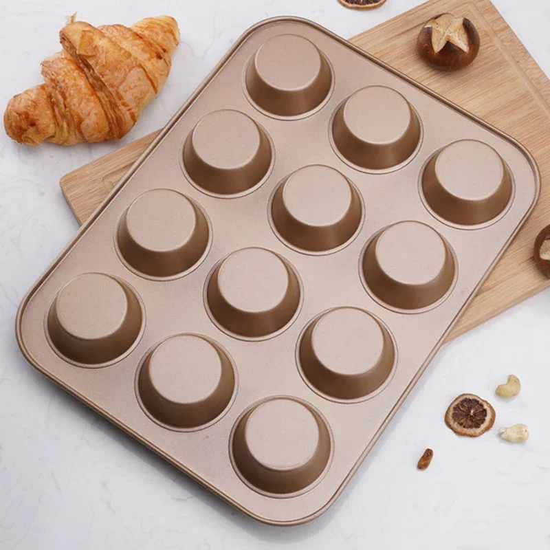 12 Holes Cupcake Baking Tray Non-Stick Steel Muffin Cake Mould Round Pudding Cookies Pan Biscuit Baking Sheet Baking Supplies