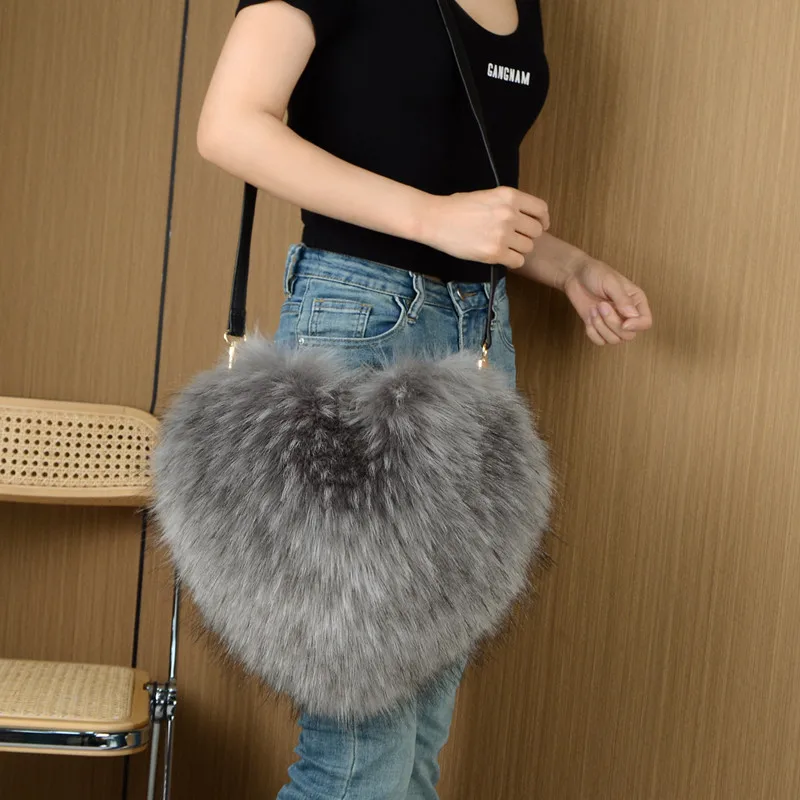 

New fashion women cute heart plush shoulderbag creative strap personality fur crossbody bag female