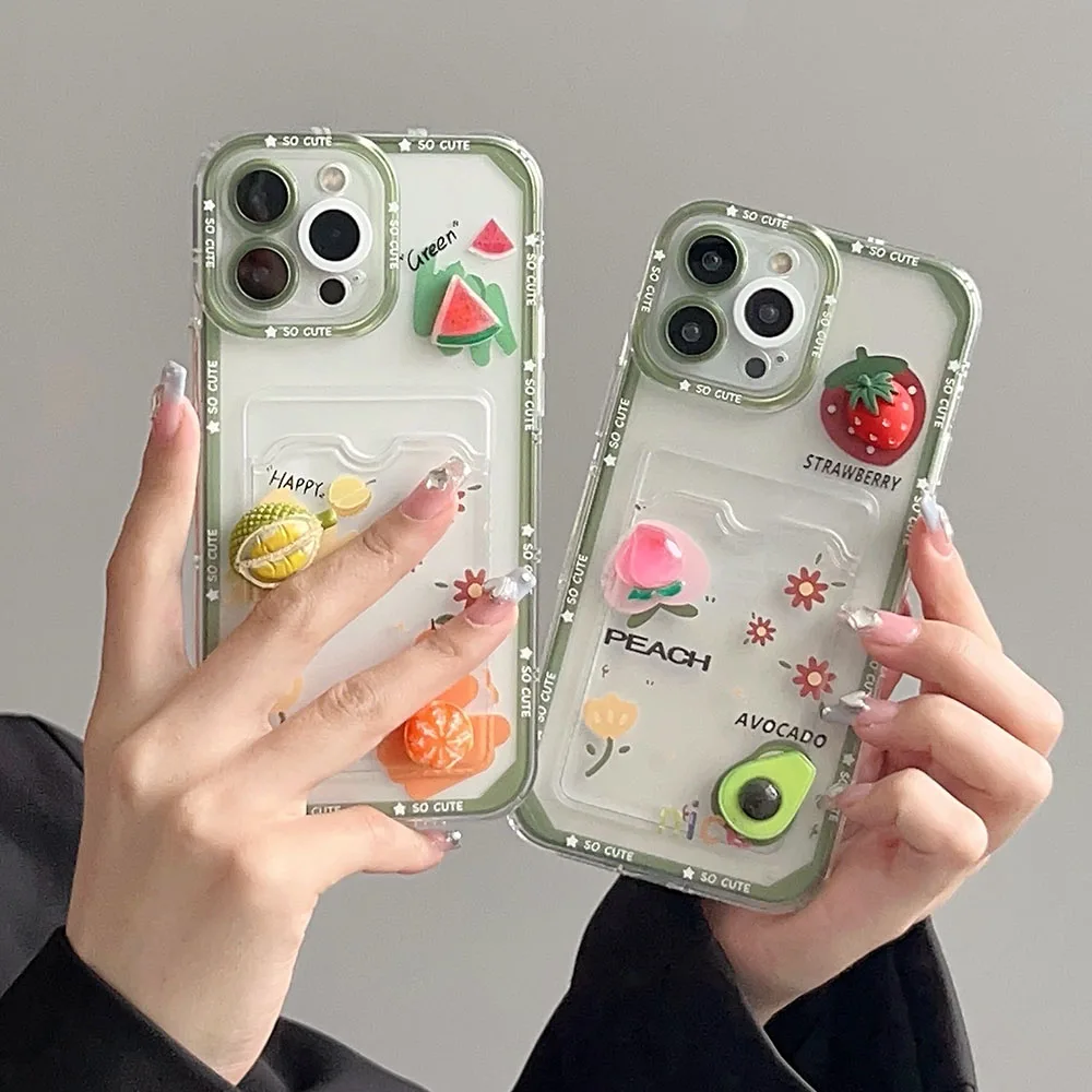 Luxury 3D Stereoscopico Summer Fruits Durian Avocado Card Slot Custodia In Silicone Per Iphone 11 12 13 14 Pro Max Xr X Xs 7 8 Plus Se