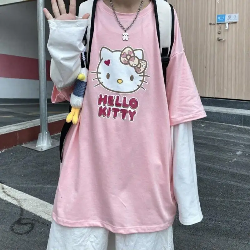 

Рубашка с длинным рукавом Hello Kitty Y2K Kawaii Sanriosed одежда мультфильм Сращивание Дизайн оверсайз корейский Повседневный свободный подарок
