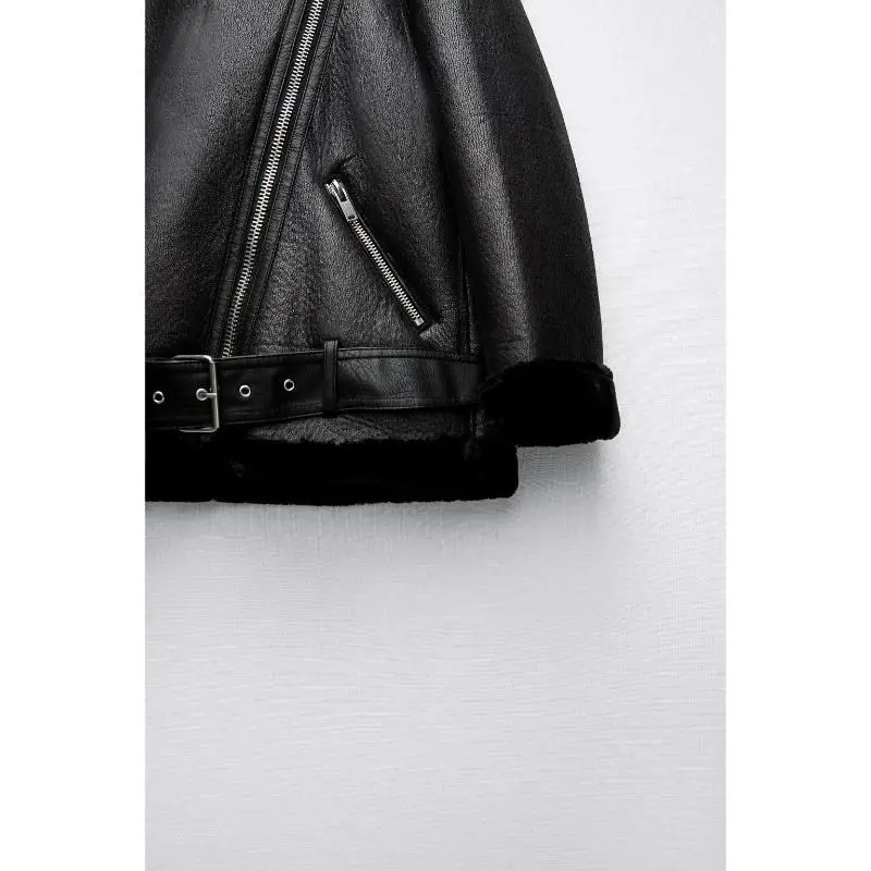 2022 Winter Lamb Wool PU Leather Jacket Motorcycle Women's Fashion Solid Color Lapel Stand Collar Warm Faux Leather Jacket Coat