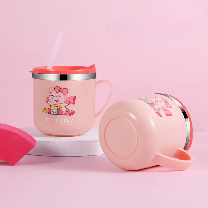 Kids Drinking Feeding Straw Baby Cup 304 Stainless Steel Milk Cup with Lid Straw Cartoon One Hand Grip Anti Drop Water Bottle 5