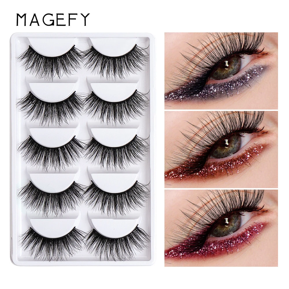 

MAGEFY 5 Pairs Faux Mink Eyelashes Fluffy and 18mm Long Lash Extension Resuable False Eyelash Extenstion Wipsy Lash