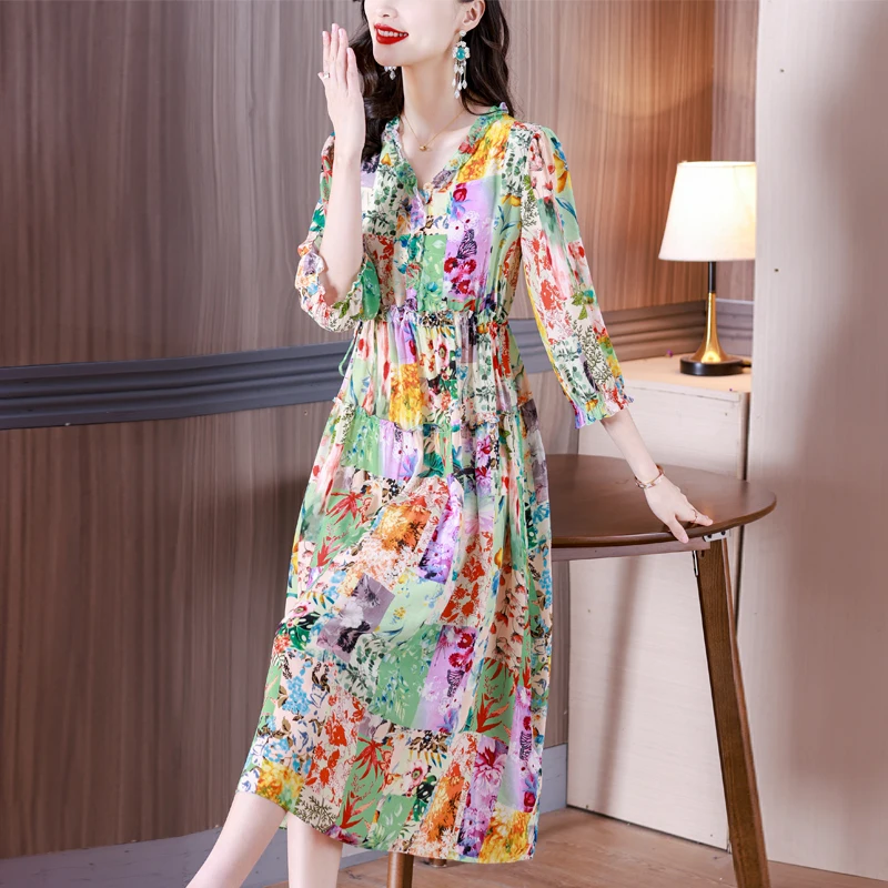

Spring And Summer 2023 New Mulberry Silk Short-Sleeved Dress V-Neck Printing Drawcord Waist Waist Show Thin Women's A-Line Skirt