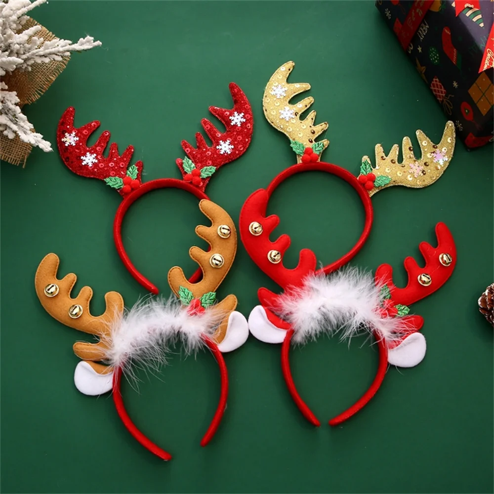 New Years Christmas Hair Hoop Xmas Elk Horn Bell Sequin Headband Merry Christmas Decoration Party Festival Supplies Kid Gifts