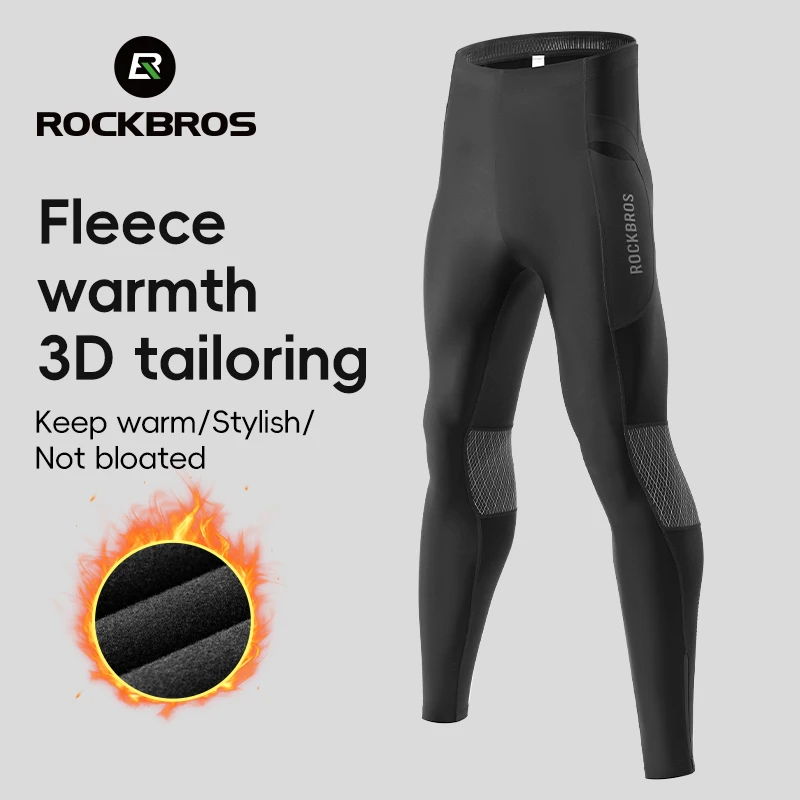 ROCKBROS Warm Cycling Pants Outdoor Windproof Tights Leggings Fleece Winter Breathable Bike Long Pants with Pockets EUR Size cycling tights
