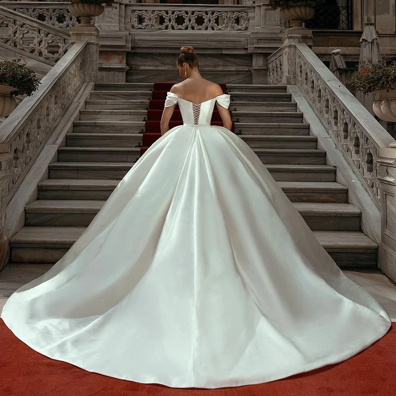 On Zhu Customized Off Shoulder Arabian Dubai Satin Wedding Dresses A-line Sweeping Train Back Tie Custom 2023 Bridal Dress 2